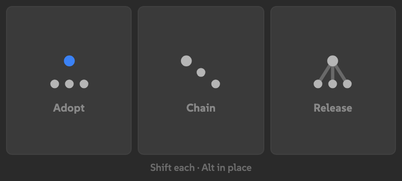A wide Nanny slot with Adopt, Chain, and Release and the hint Shift each · Alt in place beneath the tiles.