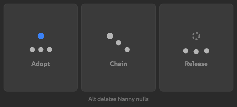 Nanny with Release hovered while Alt is held, showing a dashed parent hub and detached child dots.