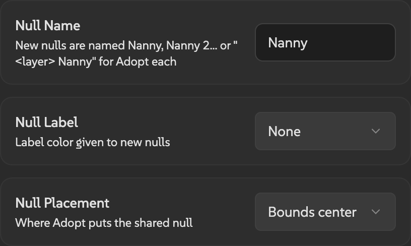 Nanny settings with Null Name set to Nanny, Null Label set to None, and Null Placement set to Bounds center.