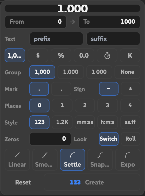 Odo's options drawer with From and To, prefix and suffix, Group, Mark, Sign, Places, Style, Zeros, Look, ease choices, Reset, and Create.