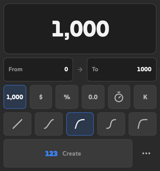 Odo with a 1,000 preview, From 0, To 1000, formatting buttons, five ease curves, and Create.