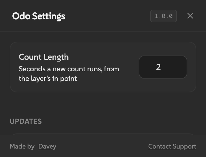 Odo settings showing Count Length with a default value of 2 seconds.