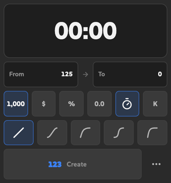 Odo countdown configured from 125 to 0 with the timer style and Linear easing selected.