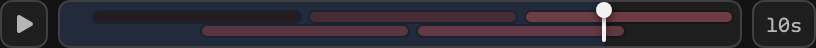 The Painted scrub bar: a play button, a track with colored lanes for each brush and a playhead, and the reveal length reading 10s.