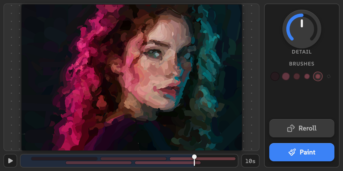Painted in a wide panel with the preview on the left and a rack on the right holding the Detail knob, brush chips, Reroll, and Paint.