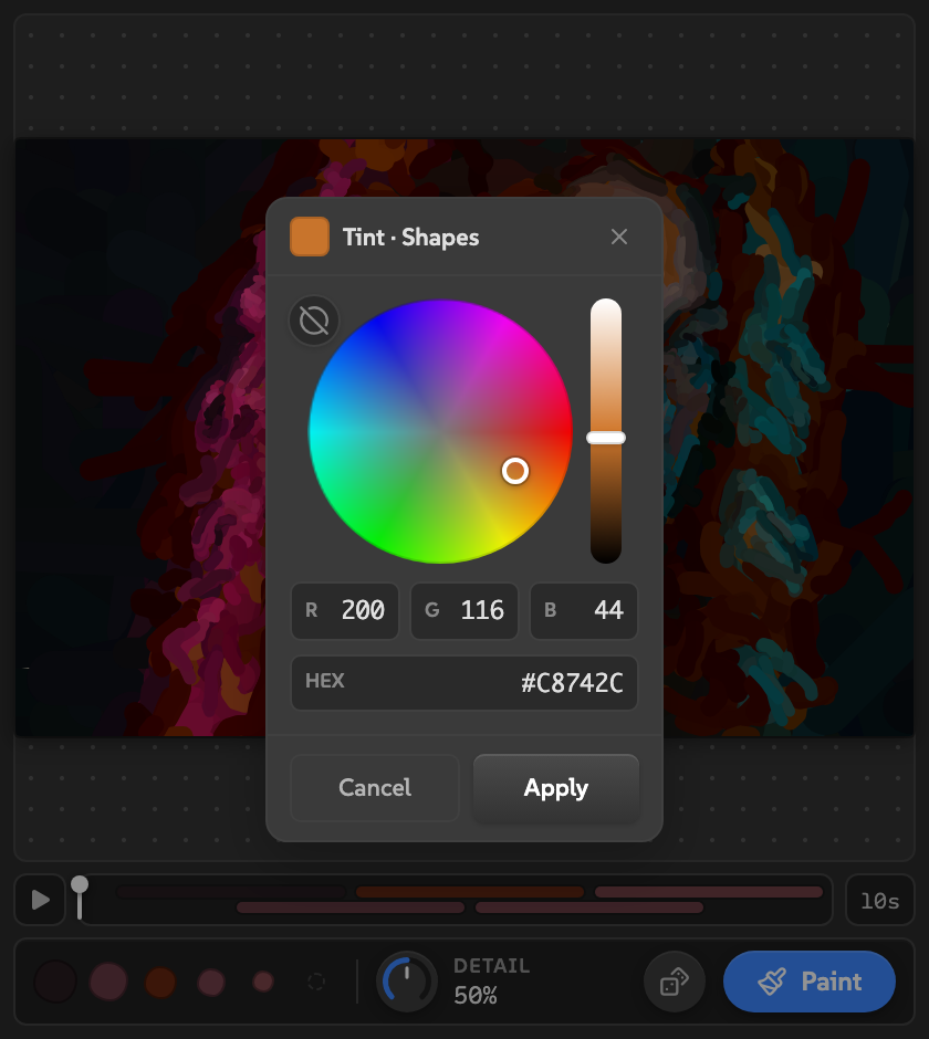 The Painted tint picker titled Tint Shapes, with a color wheel, brightness slider, RGB and hex fields, and Cancel and Apply buttons.