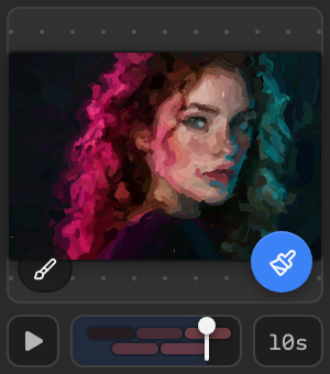 Painted in a tiny panel with a style button and a round Paint button over the preview, and the scrub bar below.