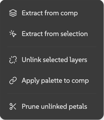 Petals More functions dropdown showing extract, unlink, apply, and prune options.
