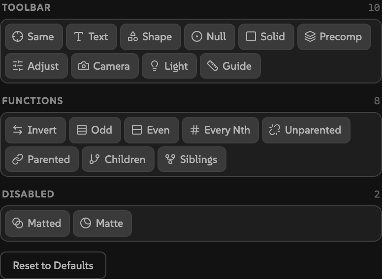 Picky layout editor showing Toolbar, Functions, and Disabled zones with draggable pills.
