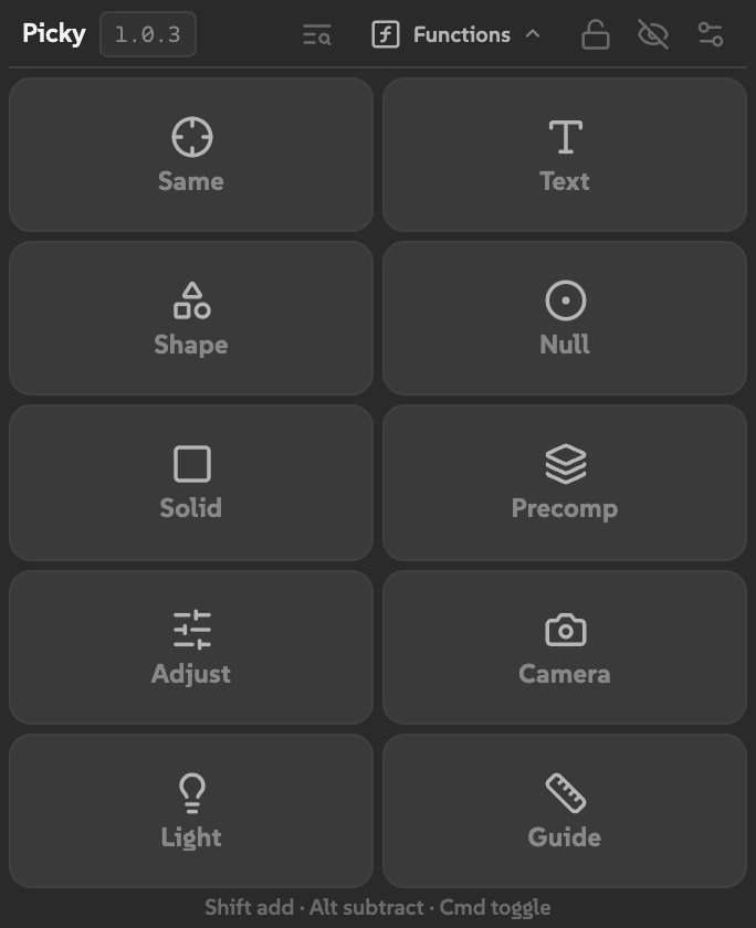 Picky panel at standard dock size showing the toolbar grid, top bar controls, and hotkey hint.