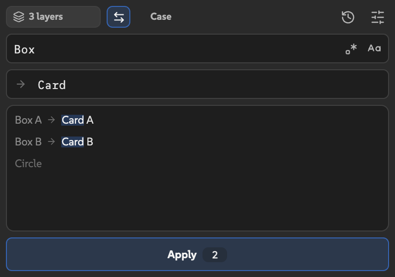 Find Box and Replace Card preview Box A as Card A and Box B as Card B, while Circle stays unchanged.