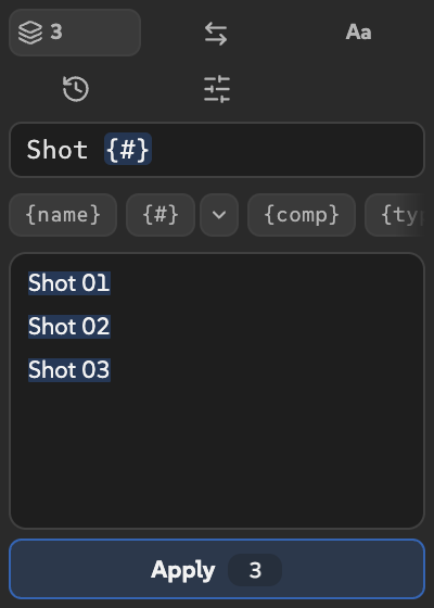 Renamer in a narrow half-width slot, with wrapped toolbar controls and only the proposed names in the preview.
