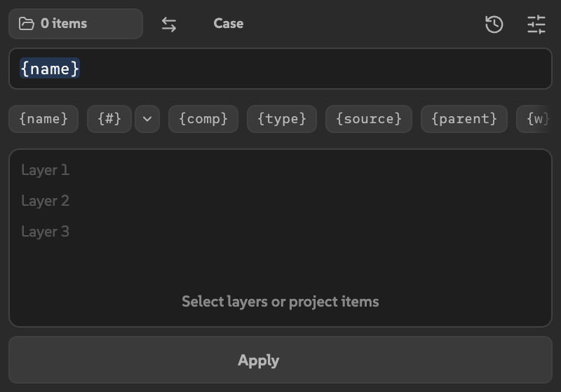Renamer with the default name pattern, token buttons, Apply, and the hint Select layers or project items.
