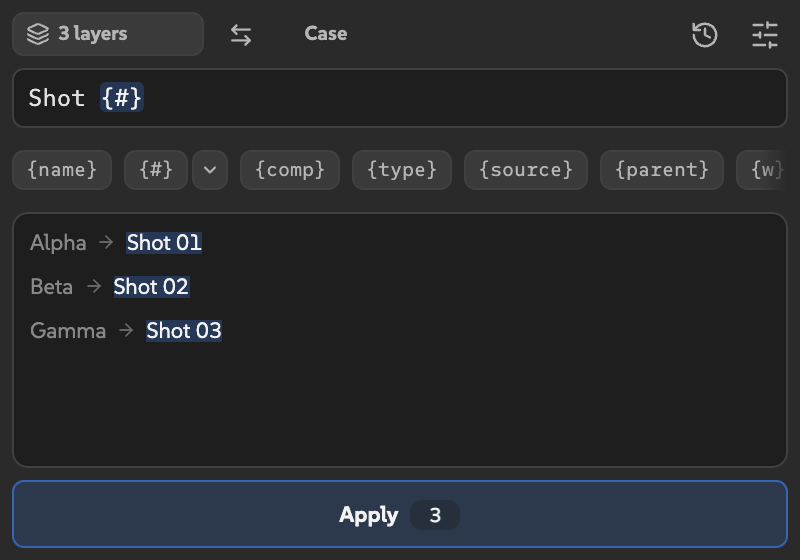 Three original layer names previewed as Shot 01, Shot 02, and Shot 03, with Apply showing 3.