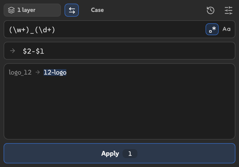 Regex Find contains a word group followed by an underscore and digits; Replace uses $2-$1 to turn logo_12 into 12-logo.