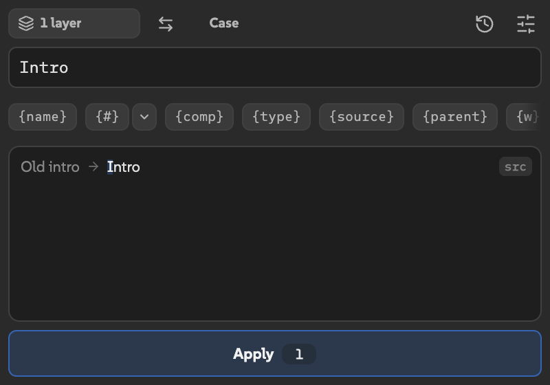 A precomp layer previews the name Intro with an src tag to show its source item will also be renamed.