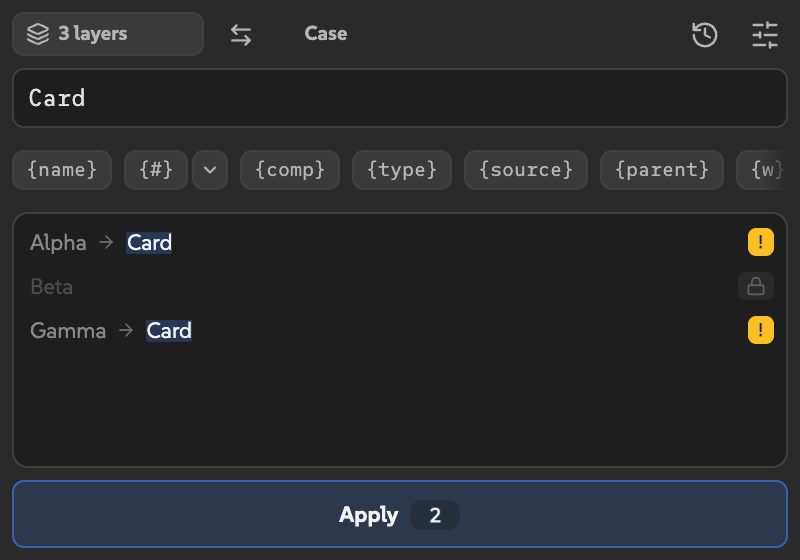 Two unlocked layers preview the duplicate name Card with exclamation marks, while the locked middle layer Beta stays unchanged.
