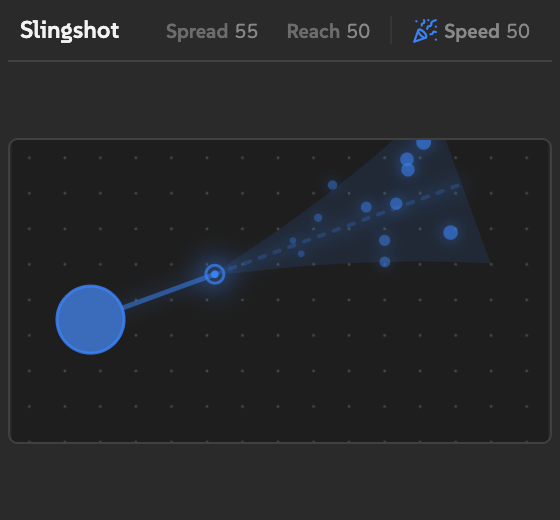 Slingshot mid-drag showing the launch origin ring, elastic band, scatter cone, preview dots, and projection beam.