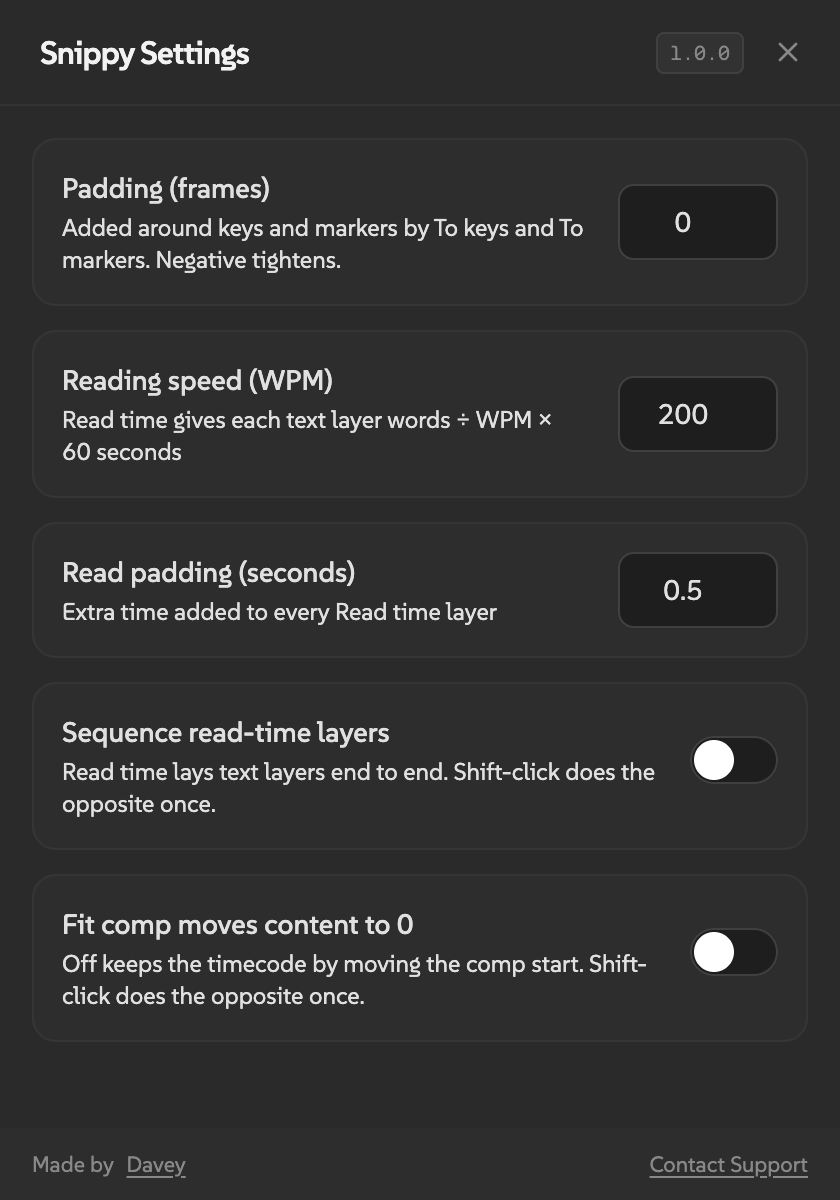 Snippy Settings showing the five settings with their default values.