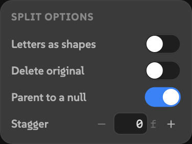 Split options showing Letters as shapes off, Delete original off, Parent to a null on, and Stagger at 0 frames.