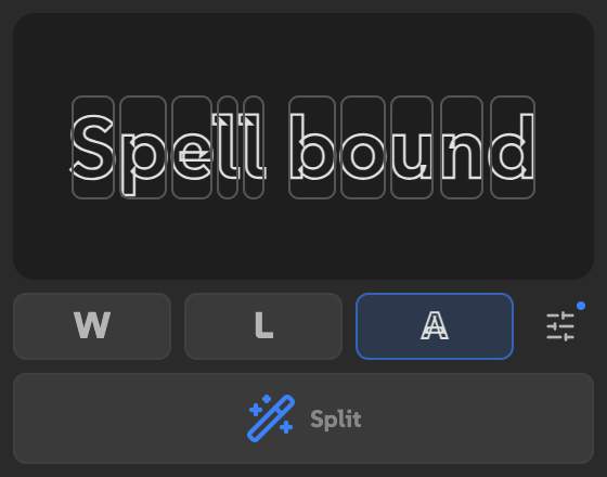 Spellbound in Letters mode with outlined letter tiles and the outlined A indicating shape output.