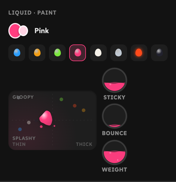 The liquid section of the inspector: the liquid's name and colors, eight type buttons, the feel pad and the Sticky, Bounce and Weight knobs.