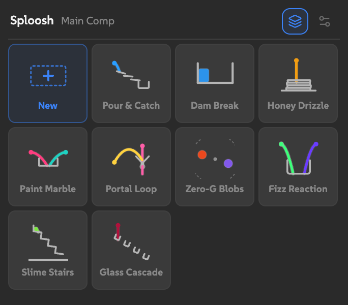 The Sploosh panel showing New and nine starters, each drawn as a small map of its layout.