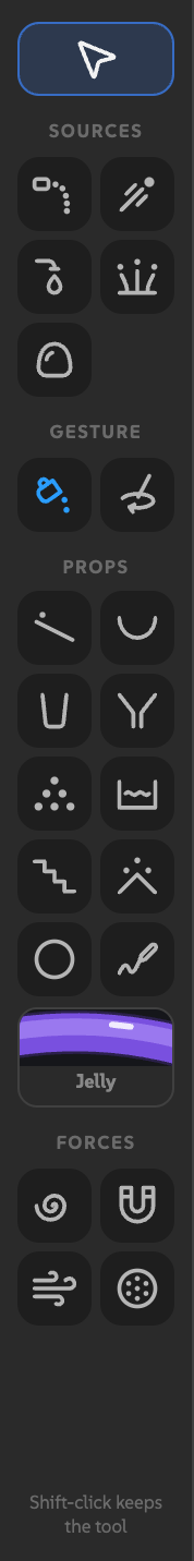 The tool rail: Select, five sources, the Pour and Stir gestures, nine props plus Sketch, the prop style, and four forces.