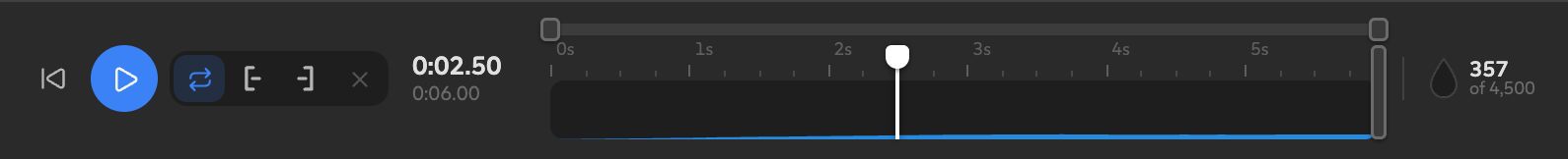 The transport: back to start, play, repeat, loop in and out, clear loop, the time readout, the timeline and the droplet counter.