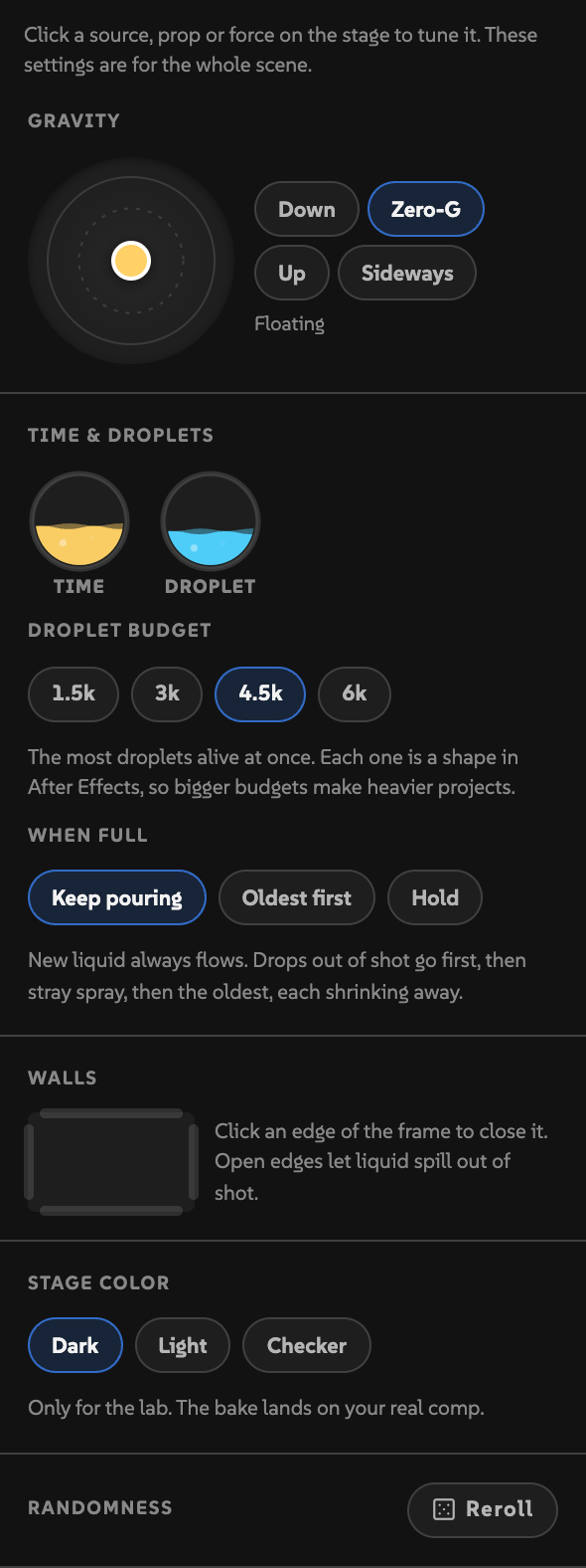 The World panel: Gravity, Time and Droplet knobs, Droplet budget, When full, Walls, Stage color and Randomness.