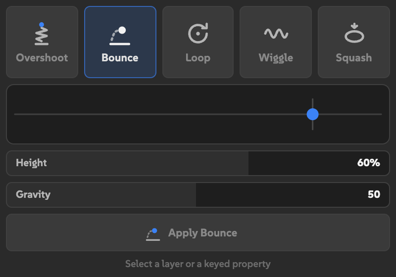 Bounce selected in Springy with Height and Gravity controls.