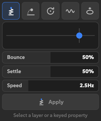 Springy in a narrow slot, with five compact icons above the preview and vertically arranged Overshoot controls.