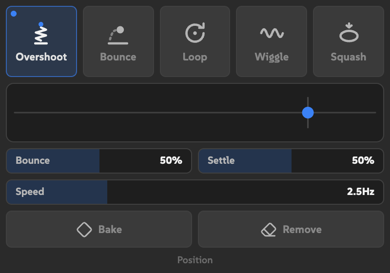 Springy after Overshoot is applied to Position, with a ring on Overshoot, highlighted controls, and Bake and Remove buttons.