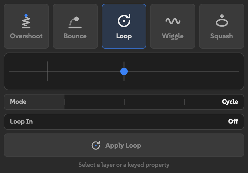 Loop selected with Mode set to Cycle and Loop In set to Off.