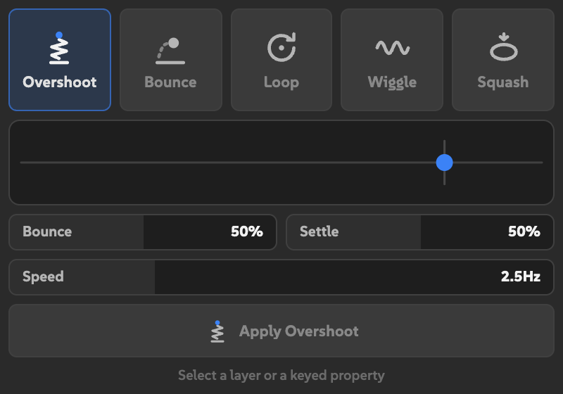 Springy with Overshoot selected, a preview strip, Bounce, Settle, and Speed controls, and Apply Overshoot.