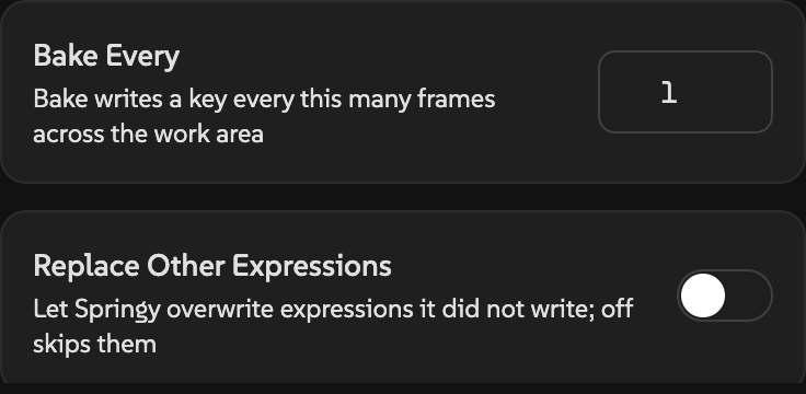 Springy's Bake Every setting at 1 and Replace Other Expressions switched off.