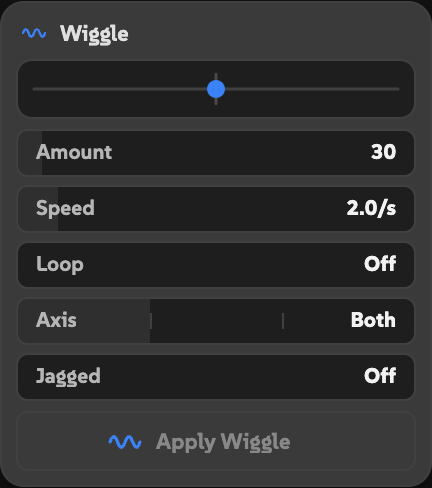 The Wiggle tune popover with a preview, all five controls, and Apply Wiggle.