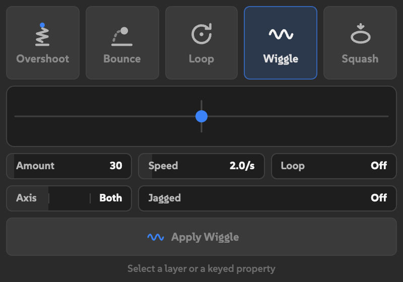 Wiggle selected with Amount, Speed, Loop, Axis, and Jagged controls.