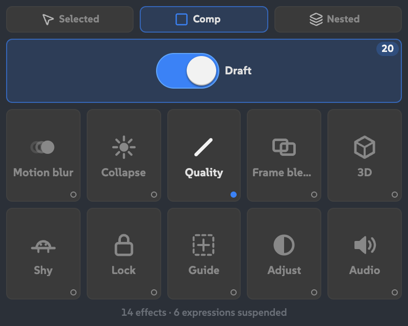 Draft on with 20 remembered items and a breakdown of 14 effects and 6 expressions.