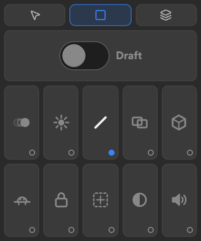 Switched in a 200 by 240 half-width slot with icon-only scope choices and ten switch tiles.