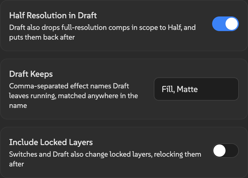 Switched settings with Half Resolution in Draft on, Draft Keeps set to Fill, Matte, and Include Locked Layers off.