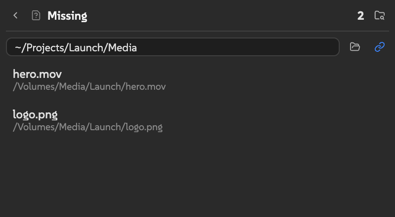 Missing findings with a folder path field, folder chooser, and relink button