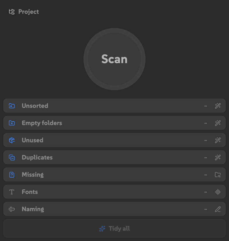 Tidy before scanning, with Project scope, Scan, seven finding categories, and an inactive Tidy all button.