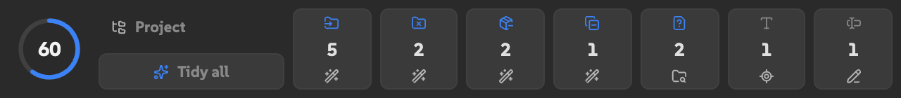 Tidy in a short row, with seven compact icon tiles beside a small health ring and scope controls.