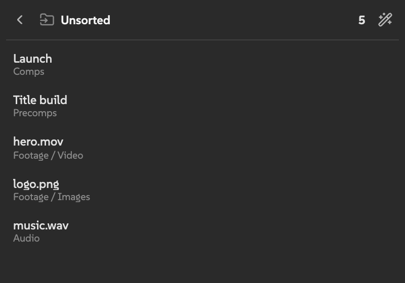 Unsorted findings with a destination folder beneath each item