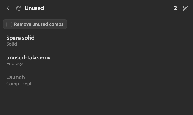 Unused findings with kept comps and the Remove unused comps toggle