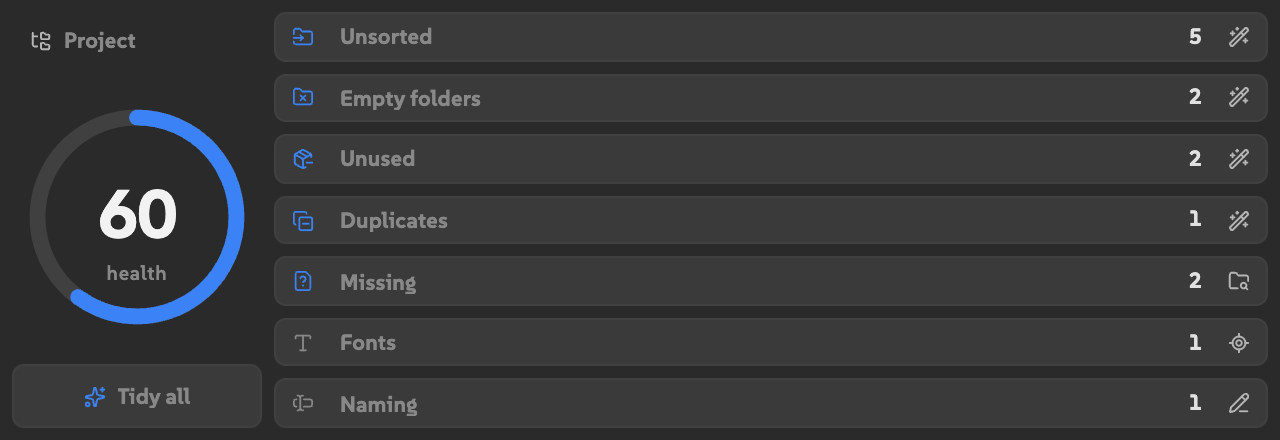 Tidy in a wide slot, with scope, ring, and Tidy all on the left and finding rows on the right.