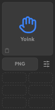 A narrow Yoink slot with one PNG format button and a sliders button.