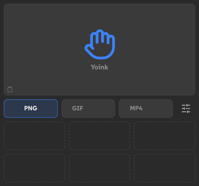 Yoink ready to capture, with the hand button, PNG selected, GIF and MP4 choices, options, and six empty recent slots.