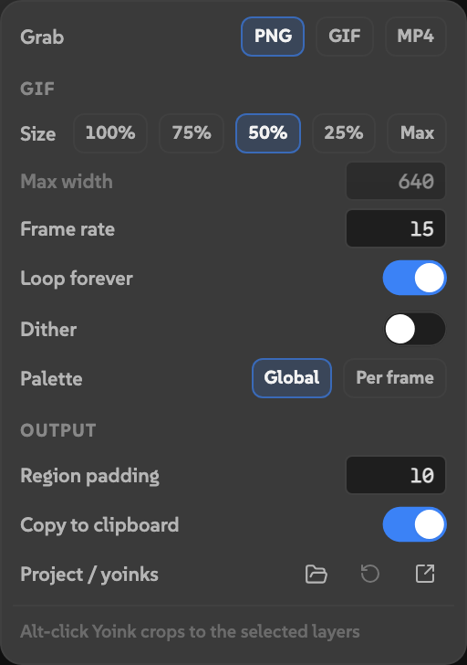 Yoink's export options with Grab format, GIF settings, region padding, clipboard toggle and output folder controls.